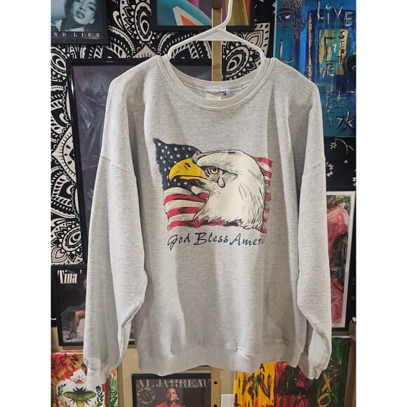 Rare 90s Vintage Bless America Eagle Nature Crewneck Sweater XL - Picture 1 of 8